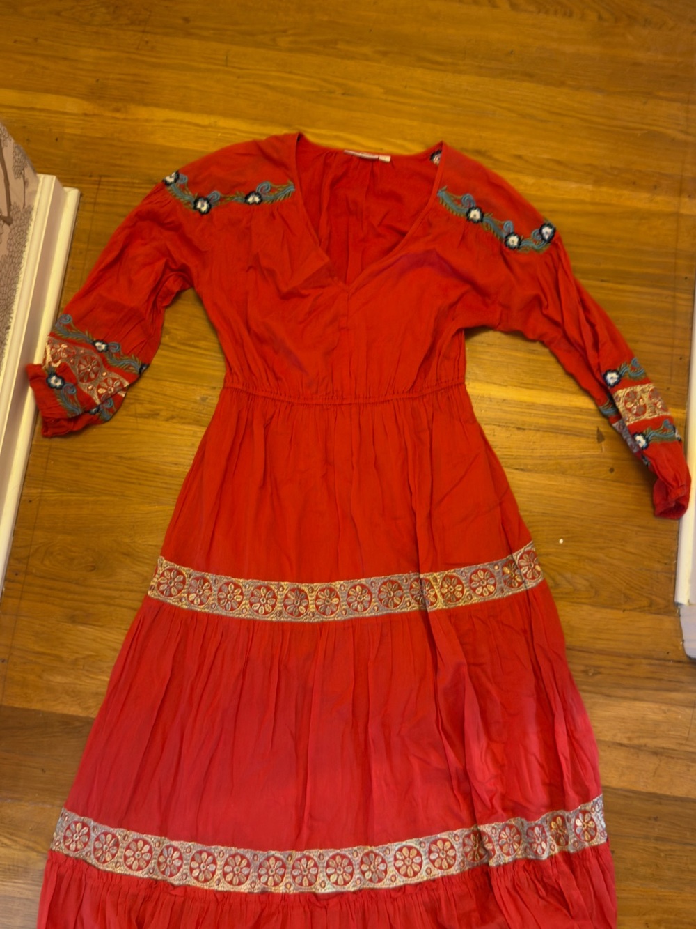 Roller Rabbit Red Embroidered V‑Neck Maxi Dress